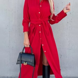 Daily Regular Fit Shirt Collar Long sleeve Elegant Dress, Midi Dresses, color:Red|size:XXL, Stylewe