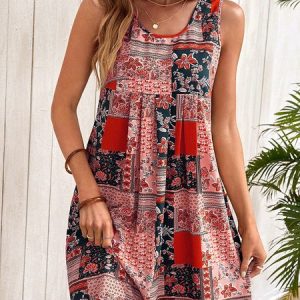Casual Loose Ethnic Scoop Neck Dress, Sundresses, color:Red|size:XXL, JustFashionNow