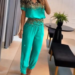Casual Crew Neck Leopard Two-Piece Set, Suit Set, color:Green|size:XXL, JustFashionNow