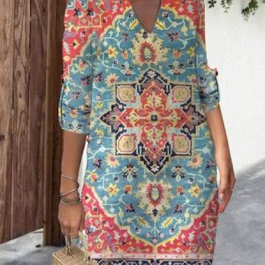 Casual Notched Ethnic Loose Dress, Dresses, color:Red|size:XXL, JustFashionNow