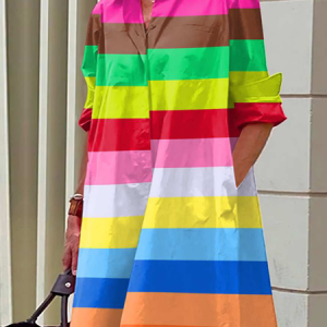 Striped Urban Loose  Long sleeve Shirt Collar Dress, Mini Dresses, color:As Picture|size:XXL, Stylewe
