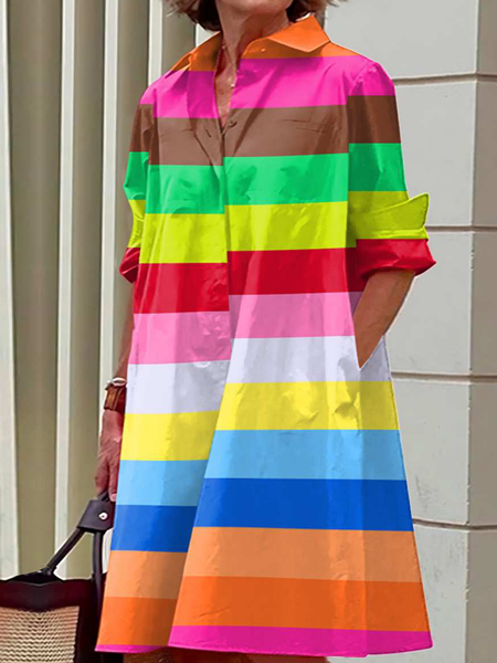 Striped Urban Loose Long sleeve Shirt Collar Dress, Mini Dresses, color:As Picture|size:XXL, Stylewe