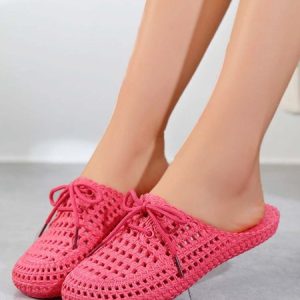 Women Lace Up Hollow Out Waterproof Beach Mules, Flats, color:Rose Red|size:41, JustFashionNow