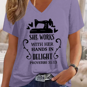 Women's Sewing Machine She Works With Her Hands Proverbs 31 Christian Casual V Neck Cotton-Blend T-Shirt, color:Purple|size:4XL, Lilicloth.com