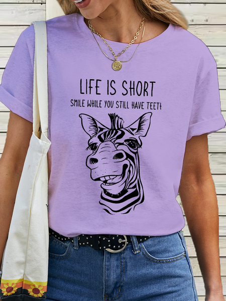 Women's Funny Animal Cotton Life Is Short Smile While You Still Have Teeth T-Shirt, color:Purple|size:3XL, Lilicloth.com