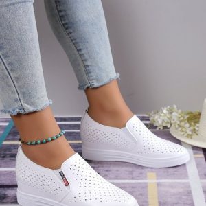 White Hollow Breathable Heightening Casual Shoes, Flats/Loafers, color:White|size:41, Noracora