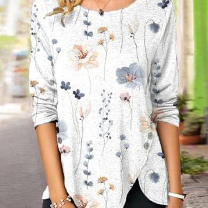 Floral Crew Neck Casual Loose Shirt, Shirts & Blouses, color:White|size:XXL, JustFashionNow