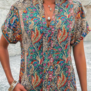Loose V Neck Ethnic Casual Paisley Print Batwing Sleeve Blouse, Shirts & Blouses, color:Green|size:XXL, JustFashionNow