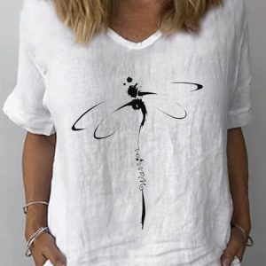 Dragonfly Casual Linen Loose Shirt, Blouses, color:White|size:XXL, Noracora