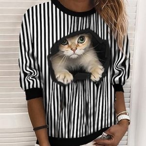 Striped Crew Neck Casual Loose Sweatshirt, Sweatshirts & Hoodies, color:Black-white|size:XXL, JustFashionNow