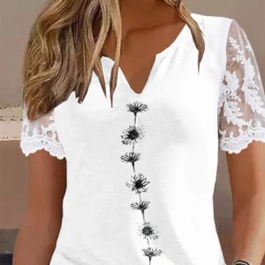 Casual Floral Jersey Notched Patchwork lace Blouses, Shirts & Blouses, color:White|size:XXL, JustFashionNow
