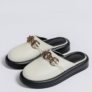 Gold Thick Chain Design Slip-on Mules, Loafers, color:White|size:43, Stylewe