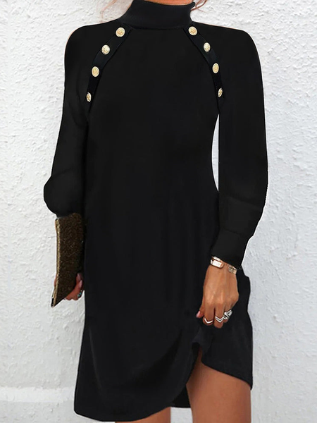 Plain Casual Turtleneck Dress, Dresses, color:Black|size:XXL, JustFashionNow