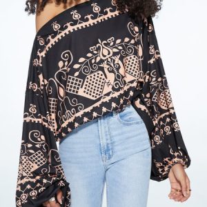 Ethnic Lantern Sleeve Cold Shoulder Loose T-Shirt, Blouses and Shirts, color:Black|size:XXL, Stylewe