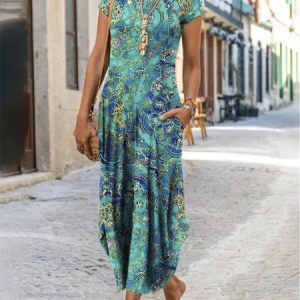 JFN Round Neck Ombre Paisley Boho Vintage Midi Dress, Casual Dresses, color:Green|size:XXL, JustFashionNow