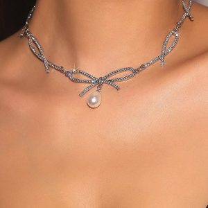 Elegant Full Diamond Bowknot Pearl Pendant Necklace Choker Fashion Party Women's Jewelry, Necklaces, color:As Picture|size:One-size, JustFashionNow