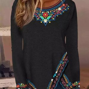 Loose Crew Neck Casual Ethnic Shirt, Shirts & Blouses, color:Black|size:XXL, JustFashionNow