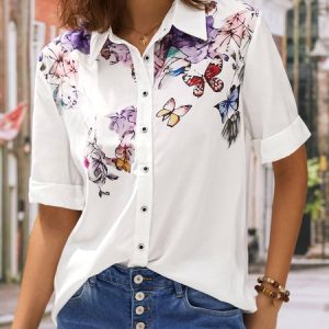 Butterfly Loose Shirt Collar Casual Blouse, Shirts & Blouses, color:Green|size:XXL, JustFashionNow