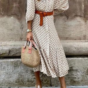 Boho V Neck Geometric Maxi Dress, Maxi, color:Khaki|size:XL, Noracora