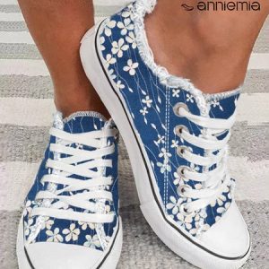 Casual Blue Floral Print Raw Hem Lace-Up Canvas Shoes, Sneakers, color:Blue|size:43, JustFashionNow