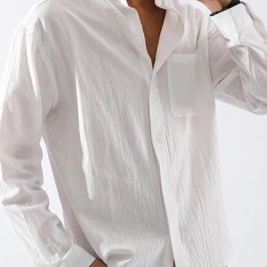 Loose Stand Collar Casual Cotton And Linen Shirt, Shirts ＆ Blouse, color:White|size:3XL, JustFashionNow