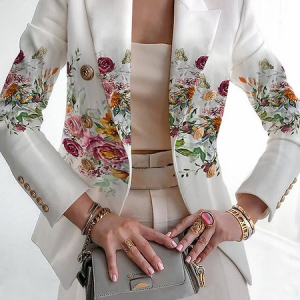 Urban Lapel Collar Loose Long sleeve Floral Blazer, Blazers, color:White|size:XXL, Stylewe
