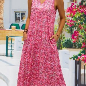 V Neck Floral Loose Vacation Dress, Dresses, color:Red|size:XXL, JustFashionNow
