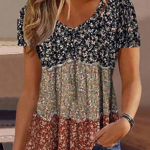 V Neck Vintage Loose Floral Shirt, Shirts & Blouses, color:Red|size:XXL, JustFashionNow