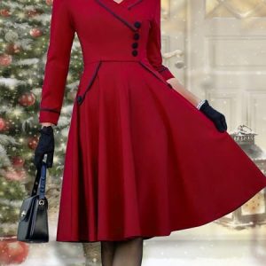 Christmas Plain Party Dress, Dresses, color:Red|size:XXL, JustFashionNow