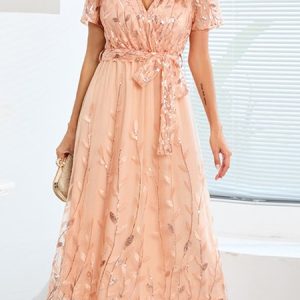 Regular Sleeve Party Loose Crew Neck Wedding Dress With Belt, Party Dresses, color:Pink|size:XXL, JustFashionNow