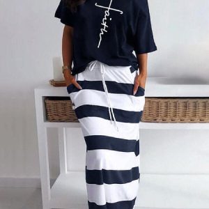 Printed Cotton-Blend Casual Knitting Dress, Casual Dresses, color:Blue|size:XXL, JustFashionNow