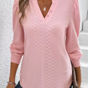 Casual Plain V Neck Long Sleeve T-shirt, T-shirts, color:Pink|size:XXL, Noracora