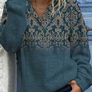 V Neck Boho Regular Fit Sweatshirt, Sweatshirts & Hoodies, color:Blue|size:XXL, JustFashionNow