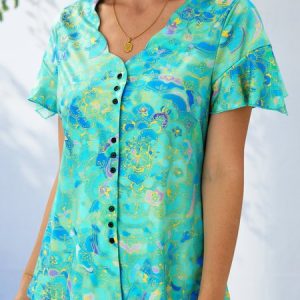 Ethnic Casual V Neck T-Shirt, T-Shirts, color:Cyan|size:XXL, JustFashionNow