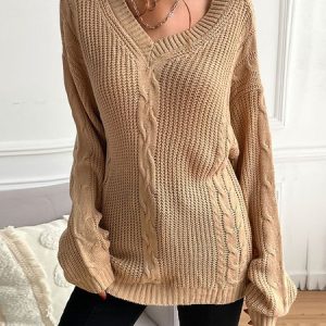 Women Plain Long Sleeve Comfy Casual Sweater, Sweaters, color:Khaki|size:L, Noracora