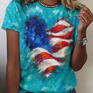 Women's Heart of America Flag Print Casual Regular Fit T-Shirt, T-shirts, Lilicloth.com