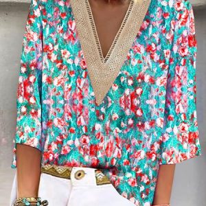 V Neck Casual Abstract Print Blouses, Blouses, color:Red-Blue|size:XXL, Noracora