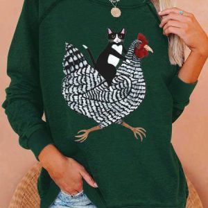 Women's Funny Tuxedo Cat on a Chicken Casual Letters Sweatshirt, color:Green|size:3XL, Lilicloth.com
