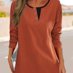 Casual Color Block Crew Neck Long Sleeve T-shirt, T-shirts, color:Rose Gold|size:5XL, Noracora