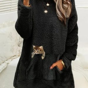 Plush Crew Neck Casual Cat Thermal Dress, Sweatshirts & Hoodies, color:Black|size:XXL, JustFashionNow