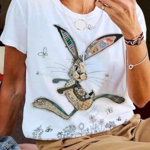 Plus Size Crew Neck Casual Jersey Easter T-Shirt, T-Shirts, color:White|size:4X, JustFashionNow