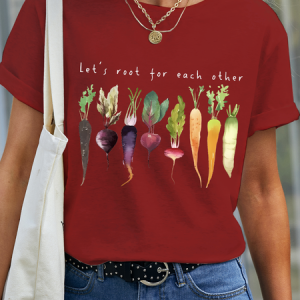 Women's Let's Root For Each Other And Watch Each Other Grow Gardening Vegetable Green Simple Crew Neck Text Letters T-Shirt, color:Red|size:3XL, Lilicloth.com