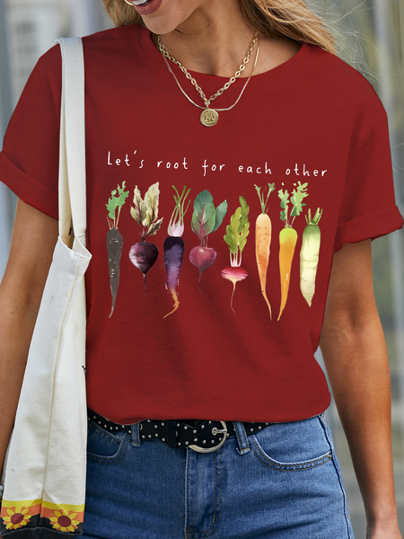 Women's Let's Root For Each Other And Watch Each Other Grow Gardening Vegetable Green Simple Crew Neck Text Letters T-Shirt, color:Red|size:3XL, Lilicloth.com