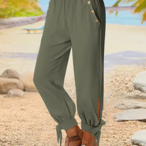 Casual Buckle Loose Plain Pants, Pants, color:Green|size:XXL, JustFashionNow