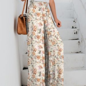 Casual Floral Natural Long Wide Leg Pants, Pants, color:Orange|size:XXL, Noracora