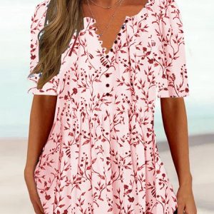 Women's Summer Tunics V Neck Regular Fit Casual Floral Shirt, Shirts & Blouses, color:Pink|size:XXL, JustFashionNow