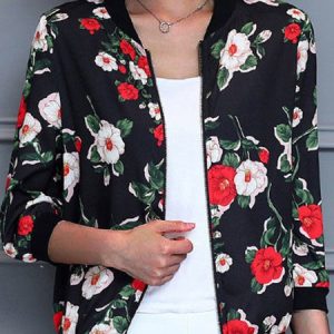 Long Sleeve Floral Zipper Regular Micro-Elasticity Loose Jacket For Women, Jackets, color:Black|size:3XL, Noracora