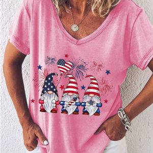 Women's 4Th Of July Shirt Gnomes Celebration Independence Day Letters T-Shirt, color:Pink|size:3XL, Lilicloth.com