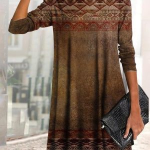 Folk Print Pile Collar Loose Long Sleeve Dress, Dresses, color:Brown|size:XXL, JustFashionNow