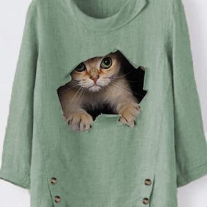 Crew Neck Casual Cotton And Linen Cat Top, Tops, color:Green|size:XXL, JustFashionNow